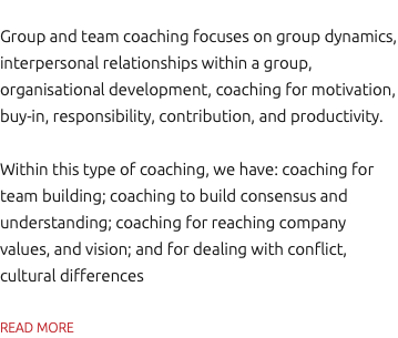 Group and team coaching focuses on group dynamics, interpersonal relationships within a group, organisational development, coaching for motivation, buy-in, responsibility, contribution, and productivity. Within this type of coaching, we have: coaching for team building; coaching to build consensus and understanding; coaching for reaching company values, and vision; and for dealing with conflict, cultural differences READ MORE